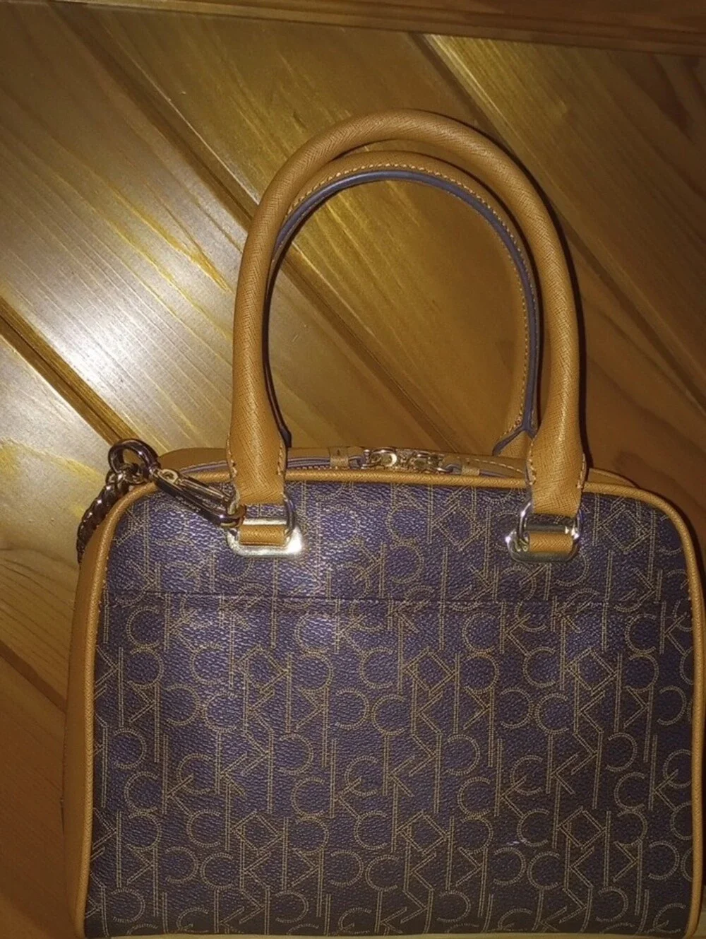 Calvin Klein Brown Monogram Satchel with Tan Trim and Gold Chain